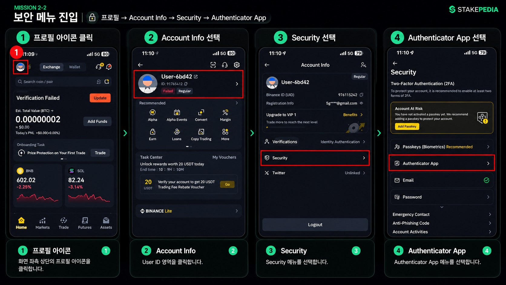 바이낸스 OTP 등록 6단계 — Enable, 이메일 인증, 설정키 복사, Authenticator 설치 및 키 등록